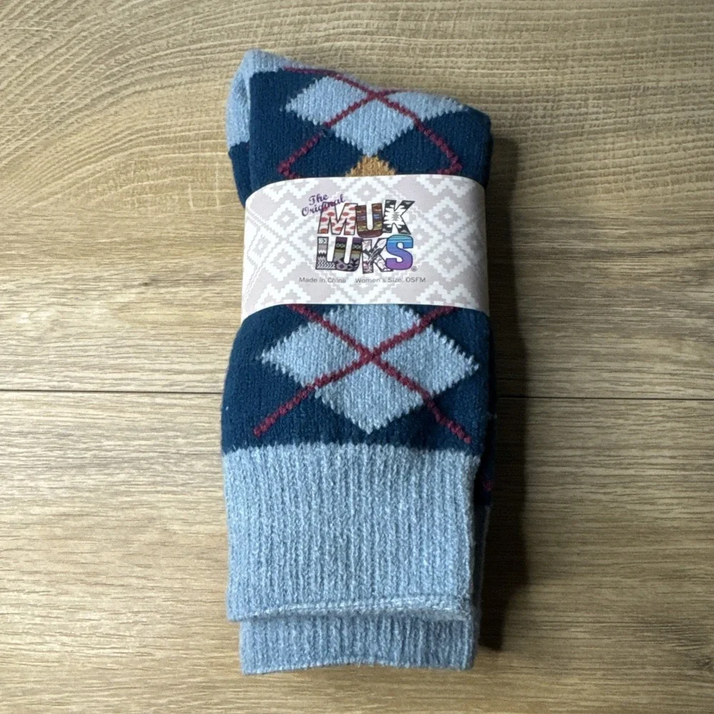 MUK LUKS Crew Socks Women OS Blue Tan 3 Pack‎ Argyle Fair Isle Striped Knit Soft